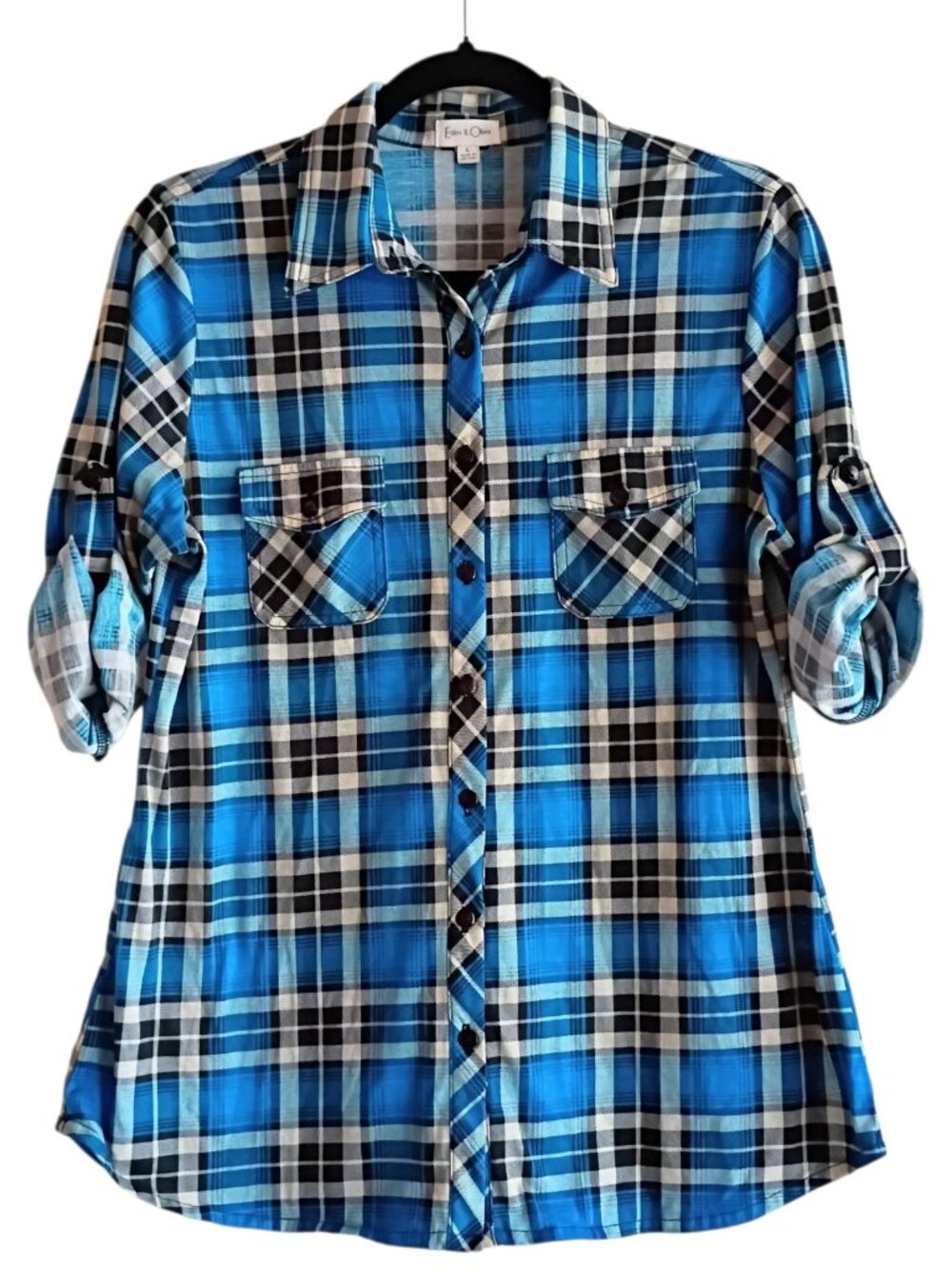 EDEN & OLIVIA Women's Top Blouse Blue Black Plaid Button Down Knit LARGE